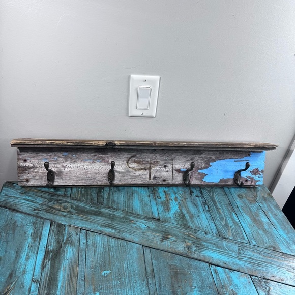 Handcrafted Reclaimed Barnwood Shelf with Hooks Rustic Farmhouse - Picture 2 of 11